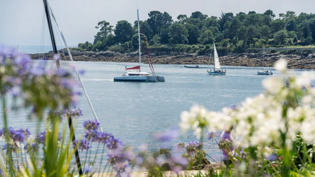 Katamaran im Estuaire de l'Odet, aufgenommen von der Esplanade de la Plage du Trez aus