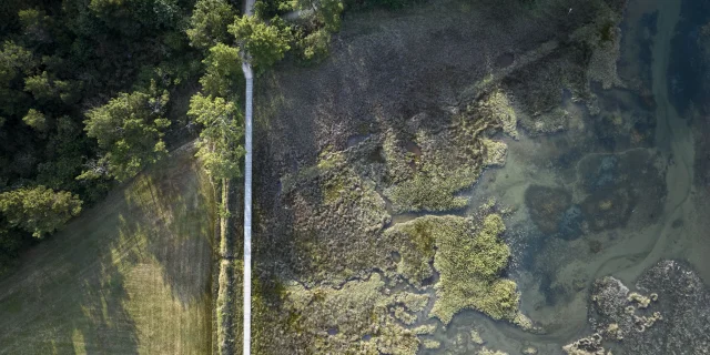 Aerial view of the footbridge at Anse du Petit Moulin