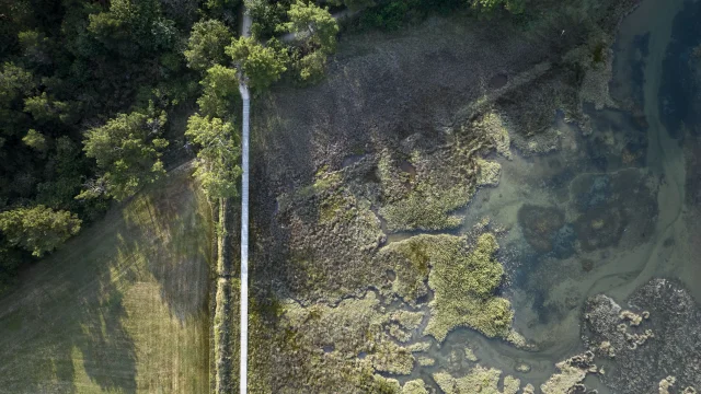 Vue aérienne de la passerelle de l'Anse du Petit Moulin