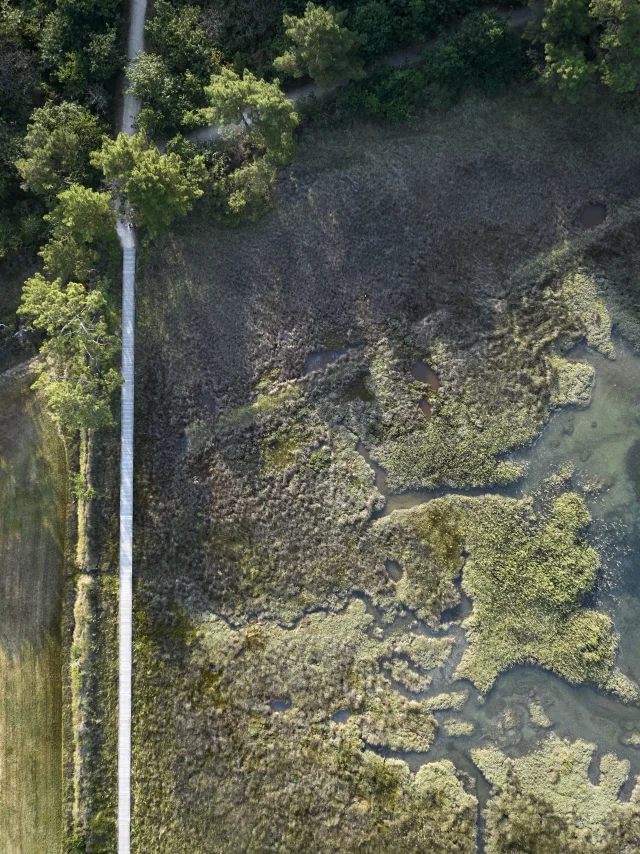 Vue aérienne de la passerelle de l'Anse du Petit Moulin