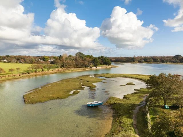 Aerial view of the Pointe de Beg Croissen at the entrance to Anse du Petit Moulin