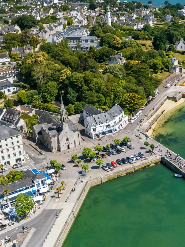 Aerial view of the old port of Bénodet with the church of Saint-Thomas